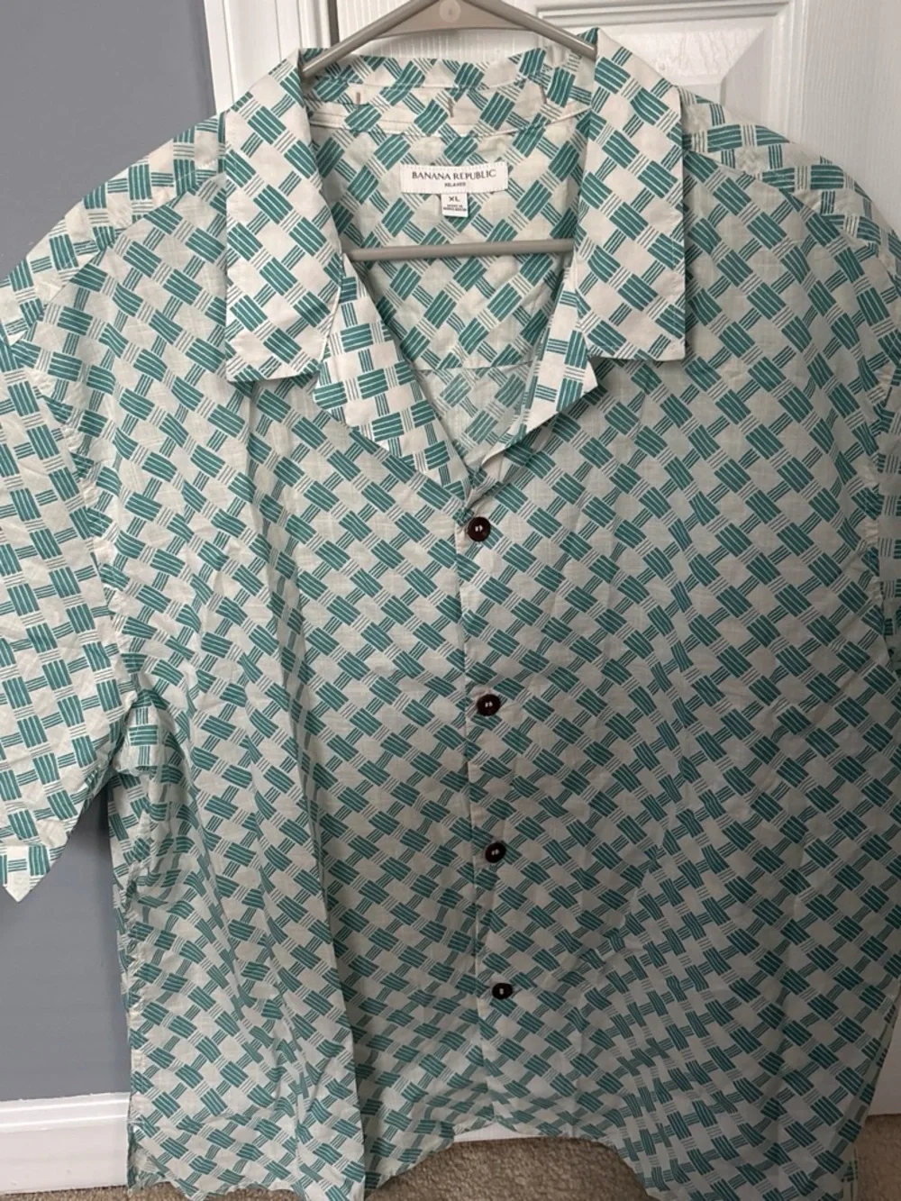 Banana Republic Teal Geometric Short-Sleeve Button-Down Shirt